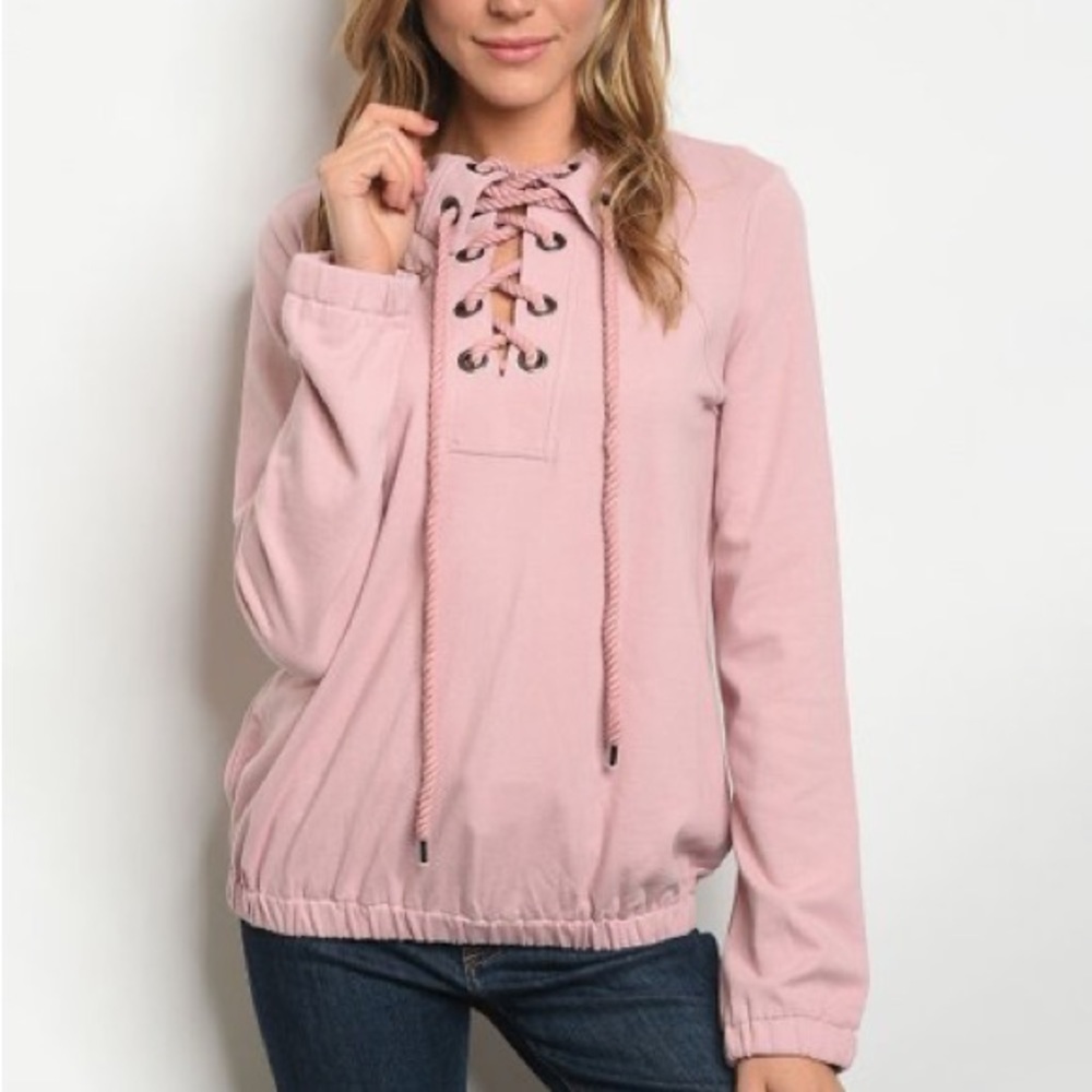 Promesa Pink Lace Up Hoodie Sweatshirt Dusty Rose Long Sleeve Size S